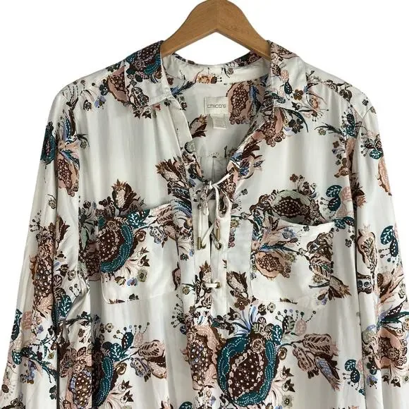 Chico's Boho Floral Blouse Shirt Women Size 3 XL Cream Brown Cottagecore Career - Picture 3 of 13
